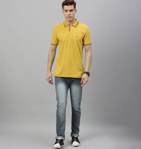 Men Mustard Yellow Solid Polo Collar Embroidered T-shirt